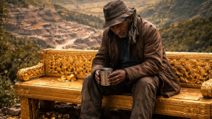 mendigo sentado en un banco de oro?